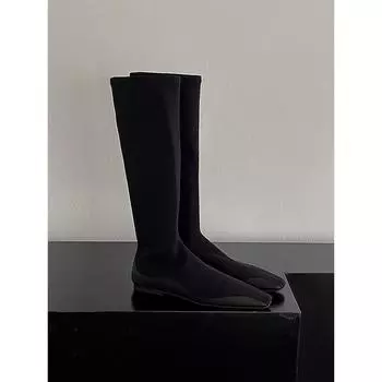 Красивые сапоги женские 2024 года, женские осенне-зимние новые спортивные сапоги с эластичной подошвой, тонкие сапоги с квадратной головкой, но с дойками 35