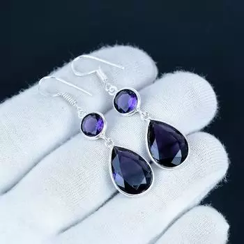Красивые серьги с аметистом, серьги из стерлингового серебра 925 пробы, серьги-подвески из серебра в стиле бохо ручной работы, подарок на День святого Валентина 7 Cm фиолетовый