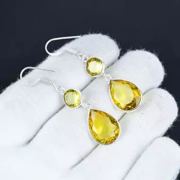 Красивые серьги с цитрином, серьги из стерлингового серебра 925 пробы, серебряные украшения в стиле бохо ручной работы, серьги-подвески с цитрином, подарок для нее 7 Cm жёлтый