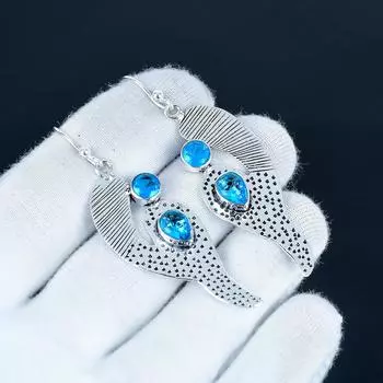 Красивые серьги с драгоценными камнями голубого топаза, серьги из стерлингового серебра 925 пробы, серьги-подвески ручной работы в стиле бохо, серебряные украшения, подарок на День святого Валентина 7 Cm синий
