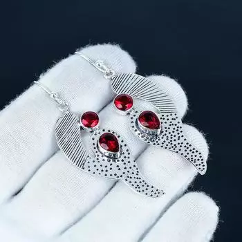 Красивые серьги с гранатом, серьги из стерлингового серебра 925 пробы, висячие серьги ручной работы в стиле бохо, серебряные украшения, подарок на День святого Валентина 7 Cm красный