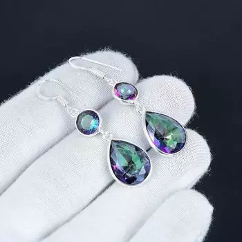 Красивые серьги с мистическим топазом, серьги из стерлингового серебра 925 пробы, серьги-подвески ручной работы в стиле бохо, серебряные украшения, подарок для любви 7 Cm синий