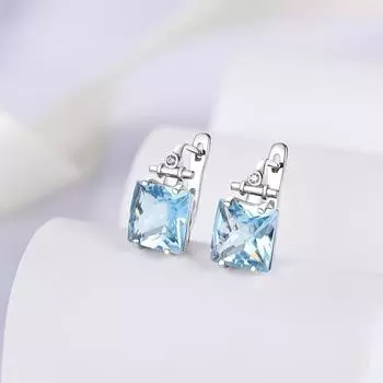 Красивые специальные серьги с натуральным голубым топазом в клетку, серебро 925, изящные ювелирные украшения, подарок на день рождения для дамы M синий