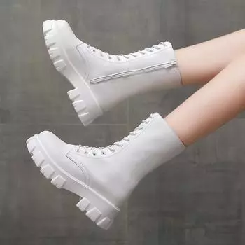 Красивые средние ботинки женские кожаные ботинки повседневные ботинки Martin на шнуровке ботинки локомотив женские ботинки с круглым носком на шнуровке 35 белый