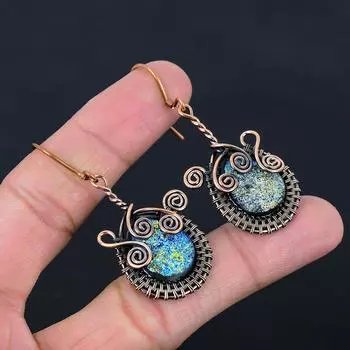 Красивые титановые друзы, драгоценные камни, серьги ручной работы из чистой медной проволоки, ювелирные изделия для женщин 2.17 Inches синий