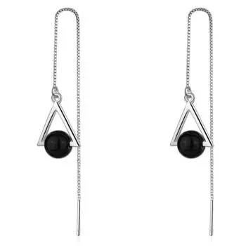 Красивые треугольные геометрические ювелирные изделия из стерлингового серебра 925 пробы, длинные преувеличенные серьги с натуральным черным кристаллом и кисточкой, висячие серьги E184