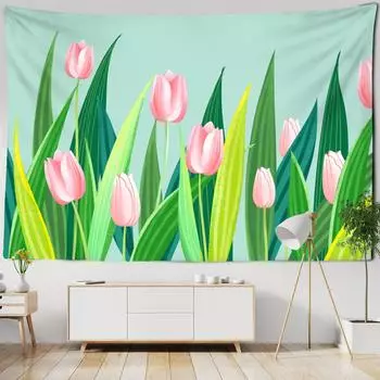 Красивые тюльпаны гобелен Золотая бабочка Пальмовый лист Тропические растения Декор Настенная ткань Бохо Одеяло Ковер Плед Коврик для йоги 95x70CM