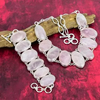 Красивые ювелирные изделия из розового кварца, браслет и ожерелье из стерлингового серебра 925 пробы, комплект ювелирных изделий для нее, комплект ювелирных изделий ручной работы Adjustable With 8 -18 розовый