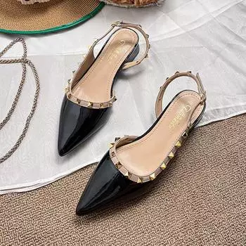 Красивые задние пустые классные тапочки женские 2025 новые туфли на высоком каблуке с заклепками одинарные туфли нишевый дизайн темпераментные остроносые сандалии 34 чёрный