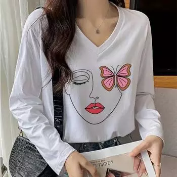 Красивые женские футболки с принтом бабочек и лиц, женские топы с длинным рукавом, пуловер с V-образным вырезом, женские футболки, футболка для женщин XS белый