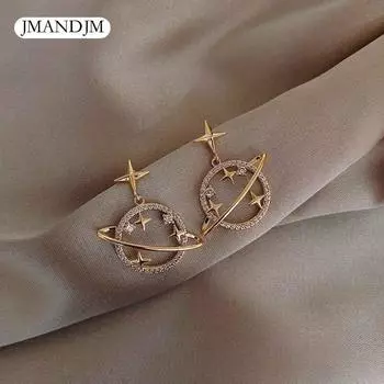 Красивые женские серьги-гвоздики с полой звездой, туманностью и планетой, инкрустированные цирконом золотой