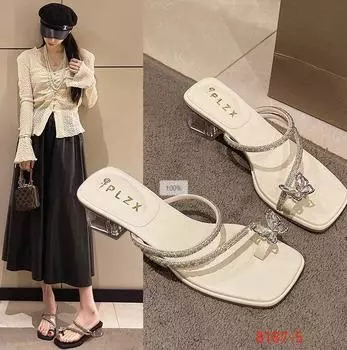 Красивые женские тапочки со стразами Huiliya, летняя одежда 2025 года, новый французский каблук с толстым задником и юбкой 8187-5 35 чёрный