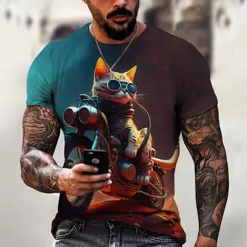 Красивый 3D-принт с изображением мотоцикла и кота, летняя мужская футболка с круглым вырезом, повседневный свободный свитер с коротким рукавом, модная трендовая мужская одежда S