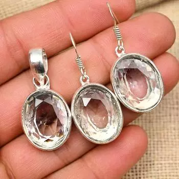 Красивый белый топаз, драгоценный камень, стерлинговое серебро 925 пробы, кулон и серьги, комплект ювелирных изделий для женщин