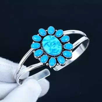 Красивый бирюзовый драгоценный камень, браслет-манжета ручной работы, браслет-манжета из стерлингового серебра 925 пробы, браслет в форме цветка с бирюзой для жены, унисекс браслет, подарок любви 7 синий