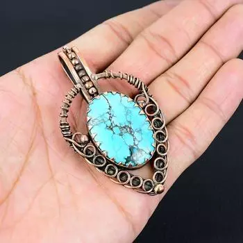 Красивый бирюзовый драгоценный камень ручной работы из чистой медной проволоки, обернутый кулоном, ювелирные изделия 2.95 Inches синий