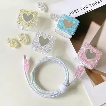 Красивый блестящий силиконовый защитный чехол для iPhone 20 Вт, зарядное устройство, мобильный телефон, кабель для передачи данных, противоударный защитный комплект из 5 предметов