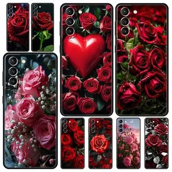 Красивый чехол для телефона с красной розой и цветами для Samsung Galaxy S24 S23 Ultra S22 S21 S20 FE 5G S10 S10E S9 Plus S8, мягкий черный чехол Samsung S24 Plus