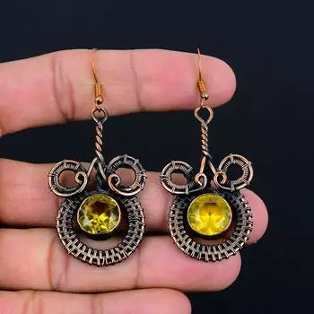 Красивый цитрин, драгоценный камень, серьги ручной работы из чистой медной проволоки, обернутые ювелирные изделия 2.56 Inches жёлтый