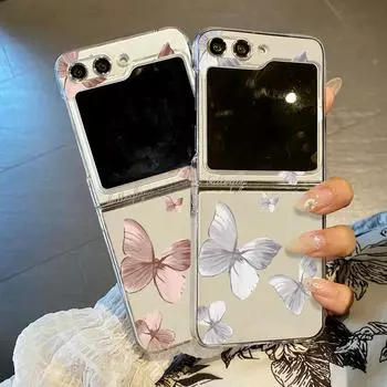 Красивый цветной принт бабочки 2 шт. тонкий складной чехол для Samsung Galaxy Z Flip6 Flip5 Flip4 Flip3 ударопрочный прозрачный жесткий защитный чехол для ПК Samsung Z Flip6 розовый