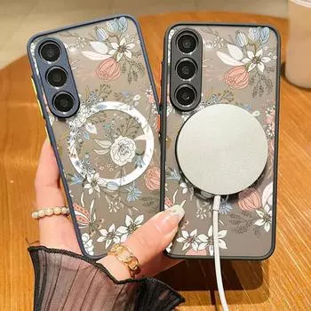 Красивый цветочный принт для тонкого чехла Magsafe для Samsung S24 FE S23 S22 Ultra A55 A15 A54 A35 A34 A14 A52 Магнитный противоударный прозрачный матовый чехол для телефона Samsung S24 чёрный