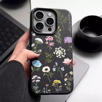 Красивый цветочный принт матовая кожа текстура чехол для телефона для iPhone 16 Pro Max 15 Pro 14 13 12 11 тонкий ударопрочный TPU мягкий чехол на заднюю панель iPhone 16 чёрный