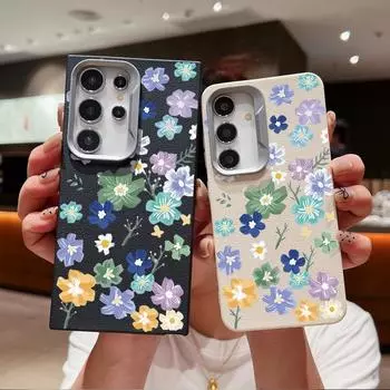 Красивый цветочный принт TPU мягкий чехол для Samsung S24 FE S23 S22 Ultra A55 A16 A54 A35 A15 A34 A14 кожаная текстура матовый ударопрочный тонкий чехол для телефона Samsung S24 чёрный