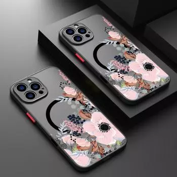 Красивый цветочный узор для чехла Magsafe для iPhone 16 Pro Max 15 14 Plus 13 12 Pro 11 8 7 прозрачный матовый ударопрочный мягкий тонкий магнитный чехол для телефона iPhone 16 чёрный