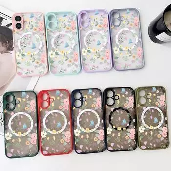 Красивый цветочный узор прозрачный матовый акриловый чехол для iPhone 16 Pro Max 15 14 Pro 13 12 11 для MagSafe ударопрочный мягкий край тонкий магнитный чехол для телефона iPhone 16 чёрный