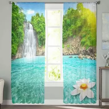 Красивый цветок лотоса водопад прозрачные шторы спальня вуаль занавески гостиная окна прозрачные шторы кухня тюлевые шторы 135W x 114H(cm)