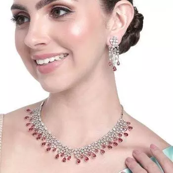 Красивый дизайнерский комплект ожерелья Estele с родиевым покрытием CZ и рубиновыми камнями для женщин