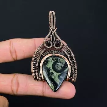 Красивый драгоценный камень камбаба яшма, ручная работа, чистая медная проволока, обернутая в кулон, ювелирное изделие 3.15 Inches зелёный