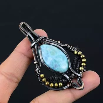 Красивый драгоценный камень Ларимар из чистой медной проволоки, обернутый дизайнерской подвеской ручной работы, ювелирные изделия для нее 3.07 Inches синий