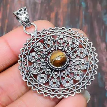 Красивый драгоценный камень тигровый глаз ручной работы стерлингового серебра 925 пробы свадебный ювелирный кулон 2.17 Inches жёлтый