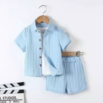 Красивый джентльменский костюм для мальчиков, летняя детская тонкая рубашка в студенческом стиле, модное платье, мужское сокровище, шорты с короткими рукавами, костюм из двух частей 150 синий