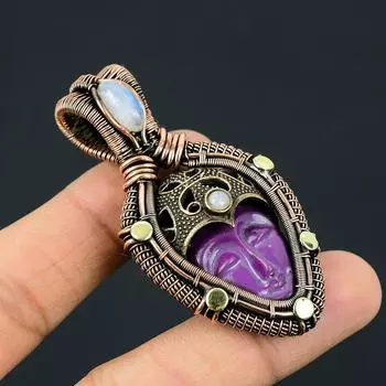 Красивый фиолетовый резной кость лицо драгоценный камень медная проволока обертывание кулон ювелирный подарок для женщины 2.55 Inches фиолетовый