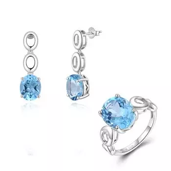 Красивый голубой камень ноября, натуральный небесно-голубой топаз, кольцо, серьги, комплект ювелирных изделий из серебра 925 пробы, ювелирные изделия для женщин и девочек US RING SIZE:7# синий