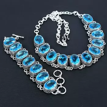 Красивый голубой топаз драгоценный камень ручной работы 925 пробы стерлингового серебра ювелирные изделия голубой топаз ожерелье браслет комплект, антикварный ювелирный комплект, браслет для мамы подарок 20 синий
