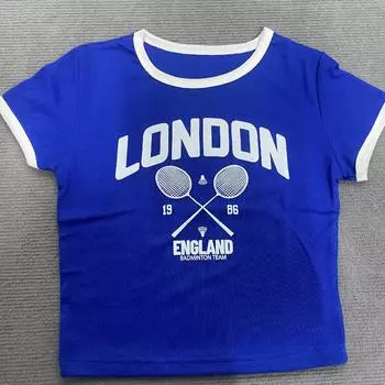 Красивый и сексуальный облегающий женский топ с короткими рукавами и буквенным принтом, синяя футболка в стиле Харадзюку S синий