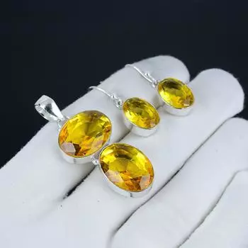 Красивый комплект подвесок с цитрином, цитрином, драгоценный камень, ручная работа, серьги, подвеска, комплект для женщин, кулон, праздничный наряд, подарок 2.55 жёлтый