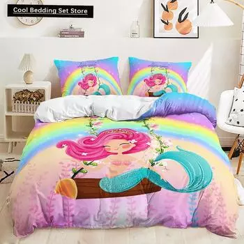 Красивый комплект постельного белья Rainbow Mermaid, комплект пододеяльника из полиэстера, односпальный комплект, двуспальный комплект одеяла Queen, комплект постельного белья для девочек и женщин EU single(135x200cm)