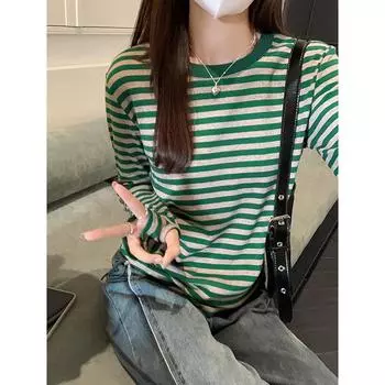 Красивый контрастный полосатый топ с круглым вырезом и рубашкой-подтяжкой, свободная облегающая футболка из чистого хлопка с длинными рукавами для женщин на осень и зиму. S