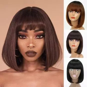 Красивый короткий боб для женщин, коричневый синтетический парик с челкой wig&cap. чёрный