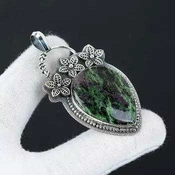 Красивый кулон из рубинового цоизита в оправе из серебра 925 пробы - Дизайн в виде цветка ручной работы, Ювелирное украшение для повседневной носки, Уникальный кулон, Пасхальный подарок 2.55 зелёный