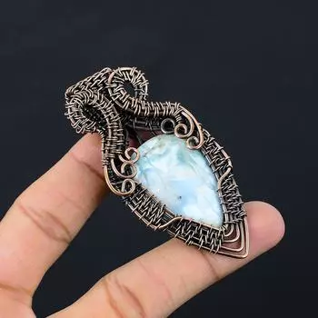 Красивый кулон Ларимар с драгоценным камнем из чистой медной проволоки, обернутый ювелирными изделиями ручной работы для нее 3.15 Inches синий