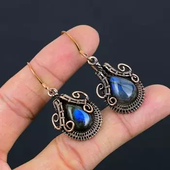 Красивый лабрадорит драгоценный камень чистая медная проволока обернутые серьги ручной работы подарок для нее 2.01 Inches синий