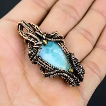 Красивый ларимар драгоценный камень медная проволока обертывание ручной работы кулон ювелирный подарок для любви 2.24 Inches синий