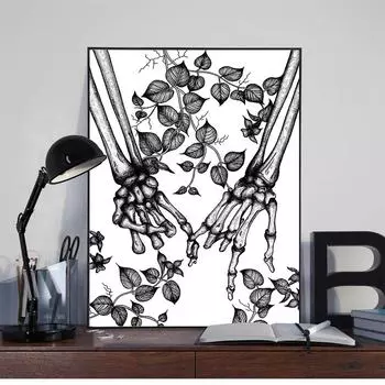 Красивый линейный набросок скелета рука об руку рисунок холст картина гостиная спальня микрораспыление холст картина безрамное ядро 20x30cm no frame