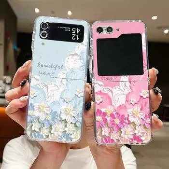 Красивый масляный цветочный принт 2 шт. чехол для телефона Samsung Galaxy Z Flip6 Flip5 Flip4 Flip3 прозрачный TPU противоударный металлический зажим мягкий складной чехол SamsungZ Flip6