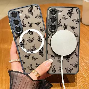 Красивый матовый прозрачный магнитный чехол с принтом бабочек для Samsung S24 FE S23 S22 Ultra S21 A55 A15 A54 A35 A34 тонкий противоударный чехол для телефона MagSafe Samsung S24 чёрный